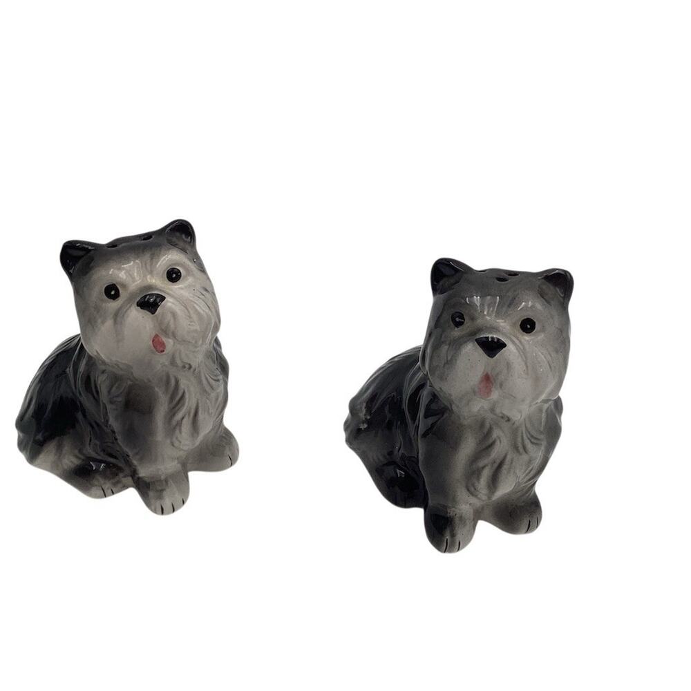 Vintage Ceramic Dog Salt & Pepper Shakers‎ Set Gray Black Terrier Yorkie